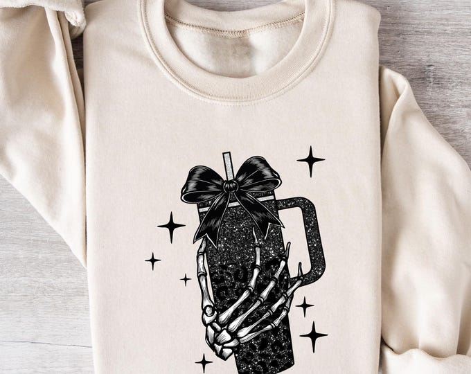 Skeleton Hand Coffee Cup Sweatshirt | Spooky Halloween Crewneck | Goth Fall Sweater | Creepy Cute Aesthetic | Horror Coffee Lover Pullover