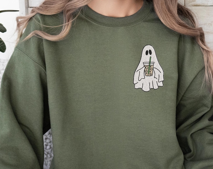 Pocket Sized Ghost Embroidery Sweatshirt, Cute Ghost with Drink, Fall Autumn Outfit, Embroidered Spooky Shirt, Ghost Embroidery Sweatshirt