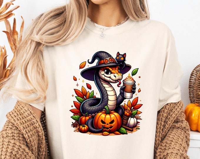 Witchy Snake Halloween Shirt, Snake Drinking Coffee, Pumpkin Spice, Fall Vibes, Spooky Animal T-shirt, Pumpkin Shirt, Halloween Sweatshirt