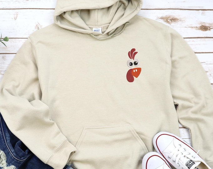 Pocket Size Chicken Thanksgiving Embroidery Sweatshirt, Cute Thanksgiving Embroidery Pocket Size, Cozy and Unique Embroidery, Embroidery Tee