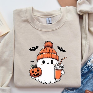 Cute Ghost Pumpkin Halloween Sweatshirt, Halloween Ghost with Coffe Shirt, Ghost Halloween Hoodie, Gift For Friends Halloween Sweatshirt