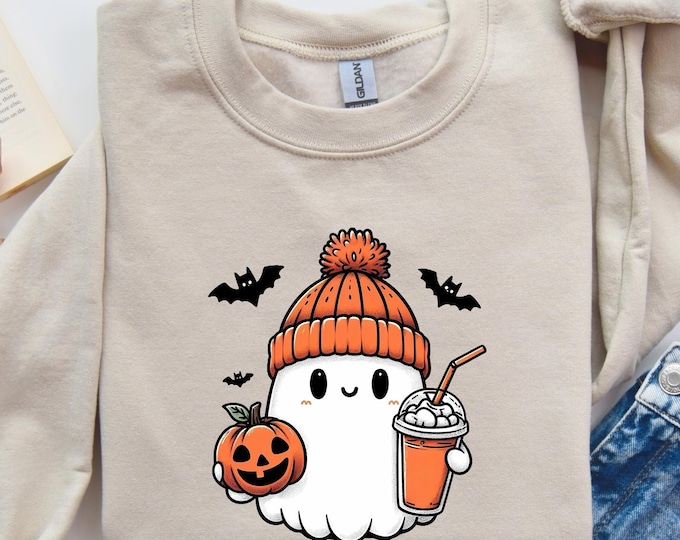Cute Ghost Pumpkin Halloween Sweatshirt, Halloween Ghost with Coffe Shirt, Ghost Halloween Hoodie, Gift For Friends Halloween Sweatshirt
