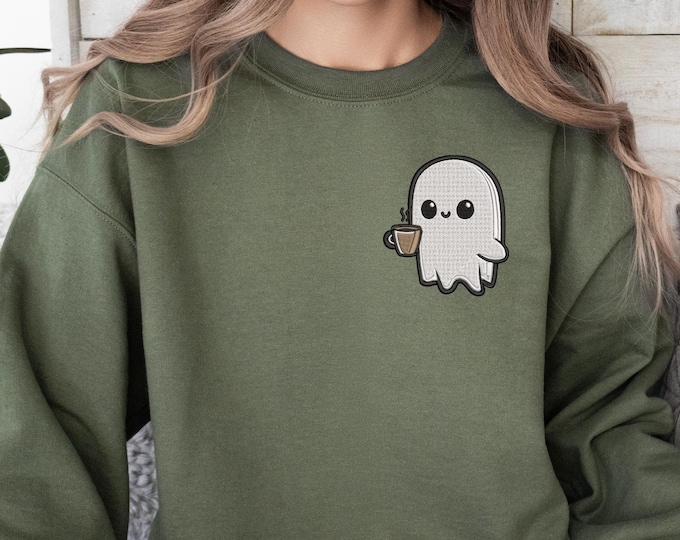 Pocket-Sized Ghost Embroidery Christmas Sweatshirt, Cute Ghost with Coffee Cup, Cozy Pullover for Holiday Season, Festive Embroidered Gift,