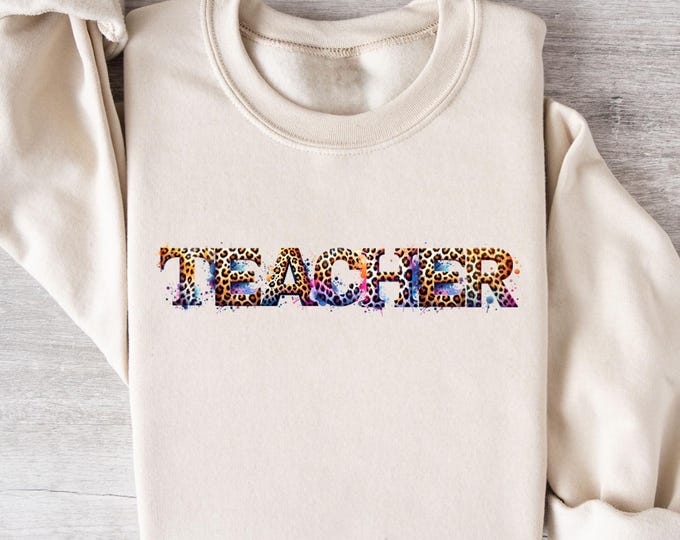 Colorful Leopard Teacher Sweatshirt, Retro Teacher Shirt, Back to School Gift for Teachers, Cute Fall Teacher Crewneck, Teacher Appreciation
