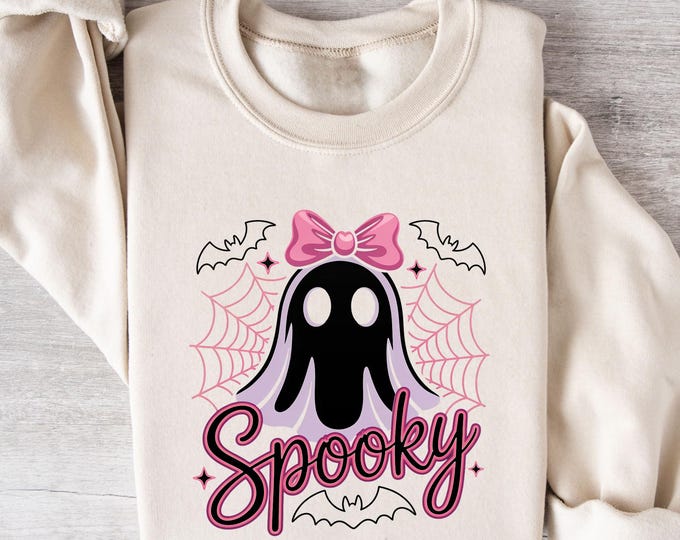 Spooky Ghost Sweatshirt with Pink Bow, Kawaii Halloween Sweater for Women, Creepy Cute Fall Shirt, Pastel Goth Ghost Shirt, Halloween Shirts