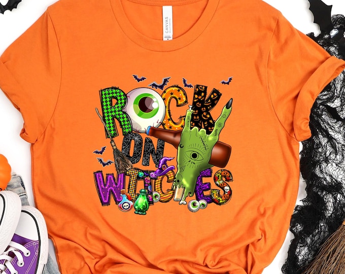 Rock On Witches Halloween Sweatshirt - Fun Witch Hand, Eyeball, and Broomstick Shirt - Cozy Fall Fashion, Halloween Sweatshirt, Funny Shirt