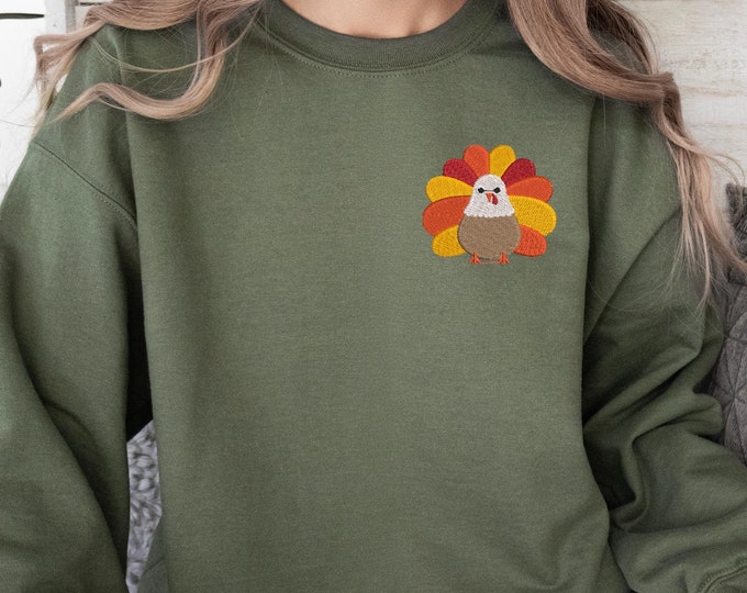 Pocket-Sized Thanksgiving Turkey Embroidery Shirt - Cute Fall Turkey Sweatshirt, Small Embroidered Turkey Gift, Turkey Pocket Embroidery Tee