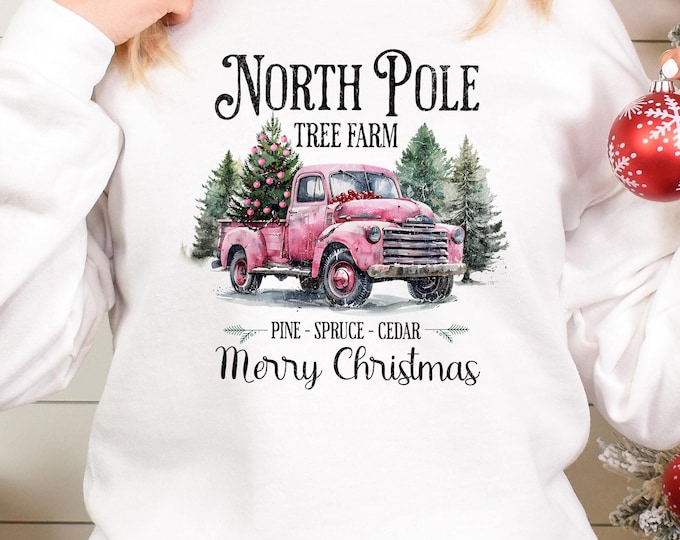 Coquette Pink Christmas Sweatshirt, North Pole Christmas Tree Farm Sweatshirt, Christmas Season T-shirt, Retro Christmas Tree With Truck Top