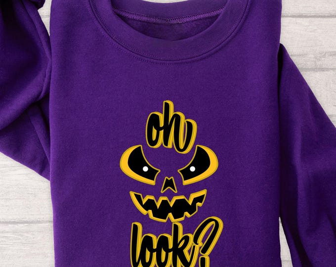 Spooky Pumpkin Face Halloween Sweatshirt, Funny "Oh Look?" Creepy Jack O Lantern Pullover, Scary Fall Party Costume Outfit, Halloween Shirts