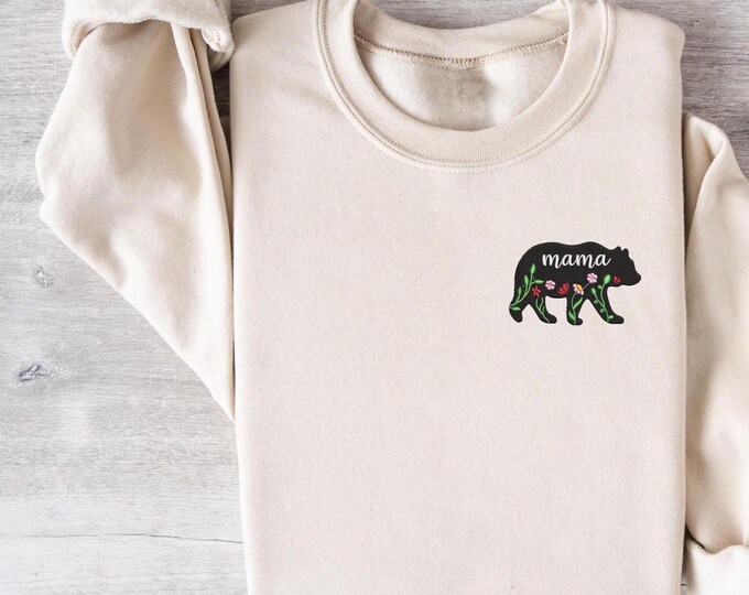 Mama Bear Floral Embroidered Sweatshirt, Cozy Pink Apparel with Cute Flower Bear Shirt, Perfect for Mother's Day Gift or Everyday Comfort