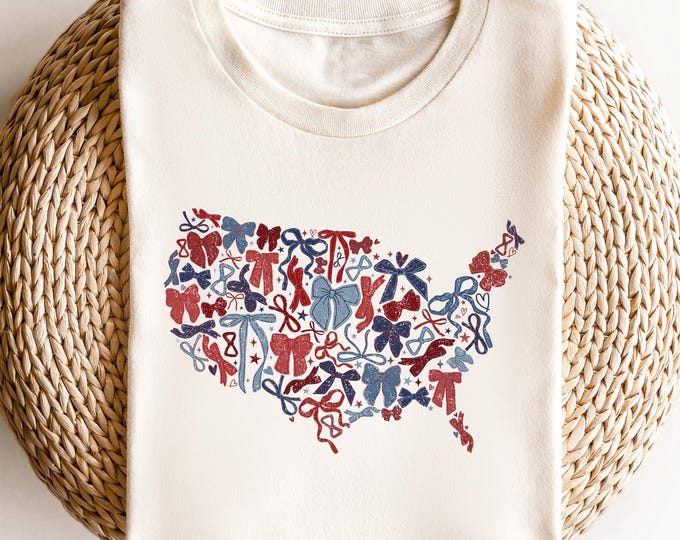 USA Map 4th of July Shirt, Patriotic Bow Tee, Red White Blue Graphic Tee, Independence Day Shirt, Cute America Pride T-Shirt, Holiday Top
