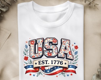 Retro USA EST 1776 Shirt, Patriotic Floral Fourth of July Tee, American Flag Flowers T-Shirt, Vintage USA Independence Day Outfit
