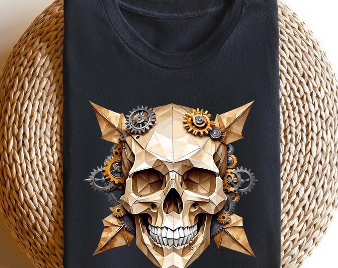 Steampunk Skull Shirt with Gears | Gothic Mechanical Skull Shirt | Cyberpunk Skull Crewneck Sweatshirt | Vintage Skull Tee for Men and Women