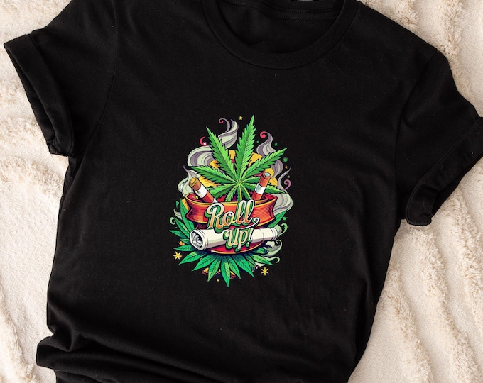 Roll Up Leaf Weed T-Shirt, Chill Vibes Only | Retro Smoky Leaf Art Tee | Bold & Fun Roll Up Design Shirt | 420 Friendly Gift for Him or Her