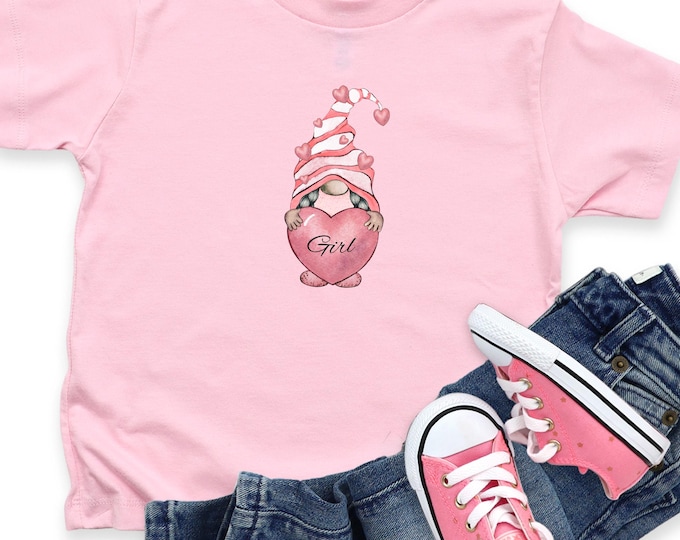 Cute Baby Girl and Boy Gnome Shirt - Kids Pink Gnome T-Shirt, Heart Valentine's Day Toddler Tee - Gender Reveal Outfit - Sweet Kids Toddler
