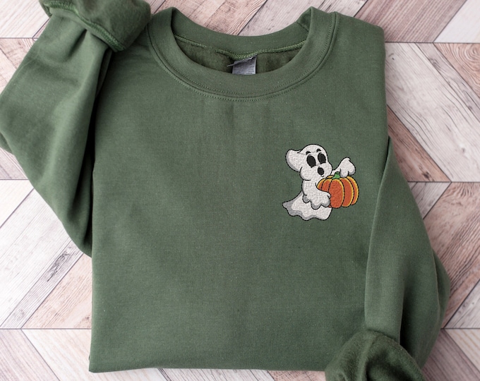 Halloween Embroidered Ghost Pocket Size Sweatshirt – Cozy Pullover with Pumpkin Design –Perfect for Fall Festivities and Spooky Celebrations