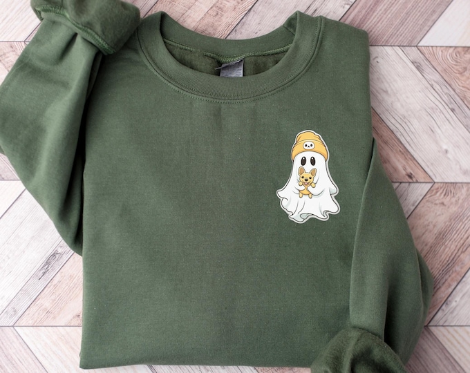 Halloween Ghost Pocket-Size  Sweatshirt, Ghost with Dog Halloween Shirt, Halloween Cute Sweater Gift For Family, Ghost Pocket Size Shirt