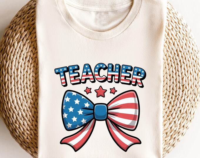 Teacher 4th of July Shirt with Bow | Cute Patriotic Teacher T-Shirt | USA Flag Bow Graphic Tee | Red White Blue Teacher Crewneck for Women