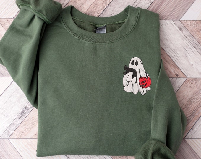 Halloween Harvest, Embroidered Pocket-Sized Pooch with Rose - Charming Shirt for Autumn Celebrations, Spooky Cute Sweatshirt for Halloween”