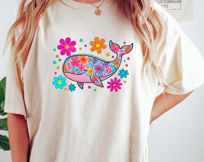 Colorful Floral Whale Shirt, Summer Ocean Tee, Cute Hippie Beach Shirt for Women, Flower Whale Graphic Tee, Animal Lover Summer T-Shirt