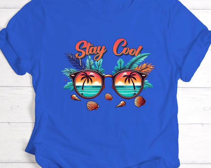 Stay Cool Summer Shirt Beach Vibes Retro Sunglasses Tee Vacation Ocean Palm Tree Shirt Tropical Holiday Graphic Tee Unisex Fun Summer Shirt