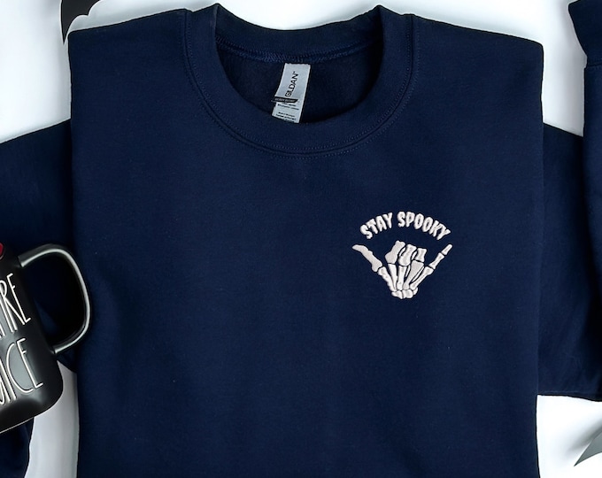 Embroidery Pocket Size, Stay Spooky Skeleton Hand Gesture Graphic Beige Sweatshirt - Cozy Fall Halloween Spooky Pocket Size Embroidery Shirt