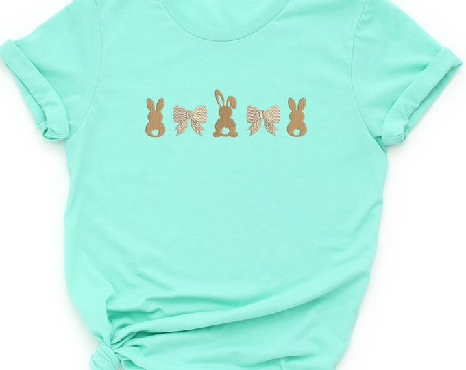 Cute Embroidered Rabbit Shirt, Easter Bunny Bow Shirt,  Spring Pastel T-Shirt, Easter Aesthetic Sweatshirt, Minimalist Bunny Graphic Shirt