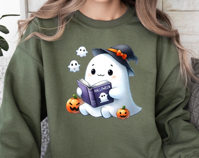 Cute Ghost Halloween Sweatshirt, Witchy Ghost Reading Book, Cozy Fall Pullover, Spooky Vibes, Pumpkin Aesthetic, Autumn Hoodie, Ghost Shirt
