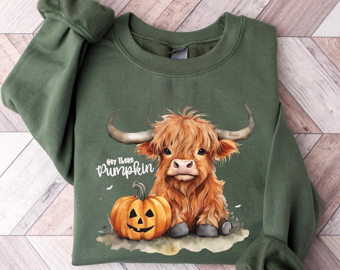 Highland Cow Fall Thanksgiving Sweatshirt, Hey There Pumpkin, Cute Thanksgiving Pullover with Pumpkin Graphic Shirt - Cozy Autumn Season Tee