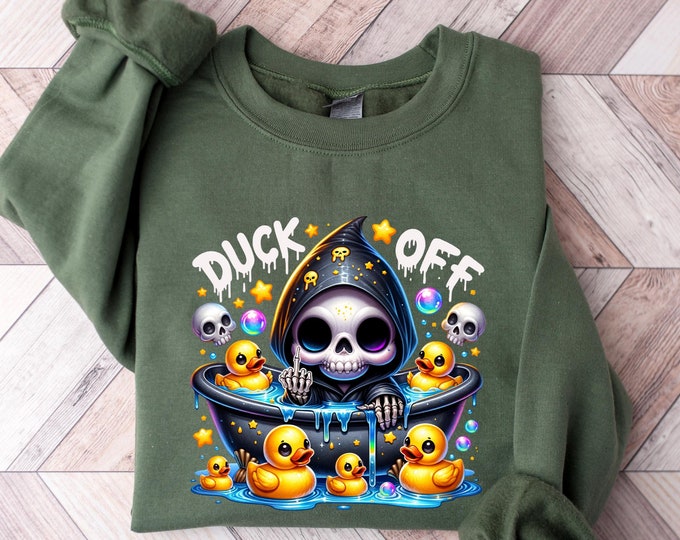 Quirky Halloween 'Duck Off' Sweatshirt - Fun and Spooky Grim Reaper with Rubber Ducks Design - Perfect for Fall, Halloween Parties, Duck Tee
