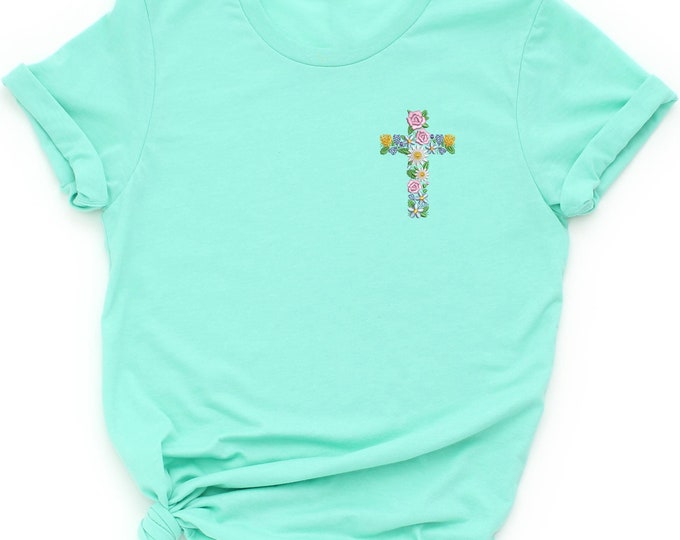 Embroidered Floral Cross Christian Crewneck Shirt, Floral Cross Pullover, Faith Based Sweatshirt, Floral Cross Christian Shirt, Faith Shirt