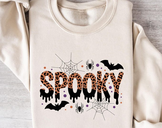 Spooky Leopard Print Halloween Sweatshirt, Cute Fall Crewneck, Creepy Spider Web Bat Ghost Shirt, Cozy October Oversized Sweater, Spooky Tee