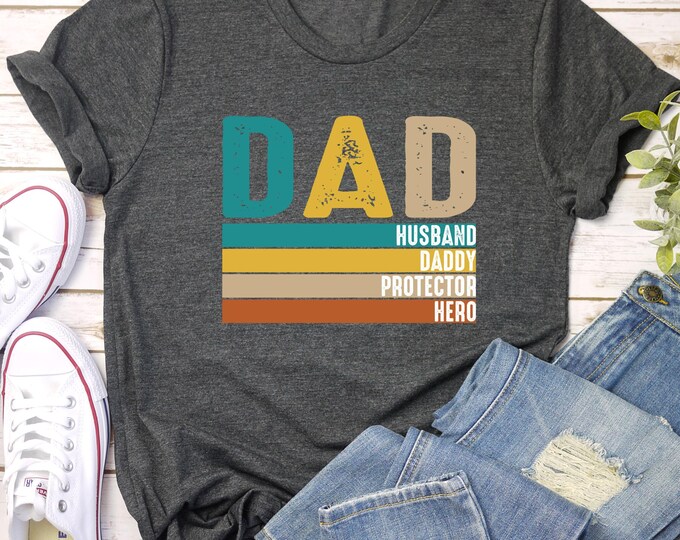 Dad Shirt Retro Style, Husband Daddy Protector Hero T-Shirt, Father’s Day Gift for Dad, Mens Vintage Graphic Tee, Gift for Husband from Kids
