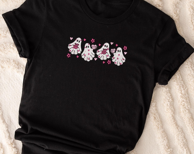 Cute Valentine Ghost Embroidery Shirt, Heart Love Cute Ghost Embroidery Sweatshirt, Ghost Embroidery Crewneck, Valentines Cute Gift Shirt