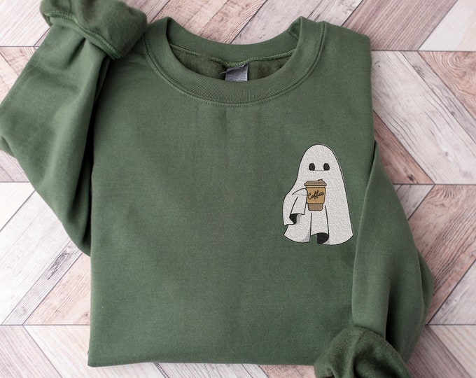 Embroidered Ghost in Pocket Size, Bookish Spirit  Sweatshirt for Spooky Nights, Ghost Pocket Size Embroidery Sweatshirt, Halloween Sweater