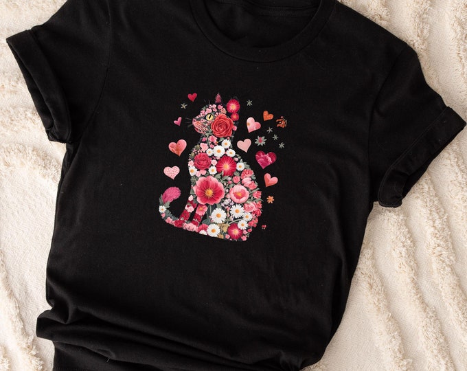 Valentine Cat Sweatshirt, Floral Valentine Shirt, Cat Lover T-shirt, Valentine Cute Shirt, Heart Love Cat Valentine Sweatshirt, Cute Cat Tee