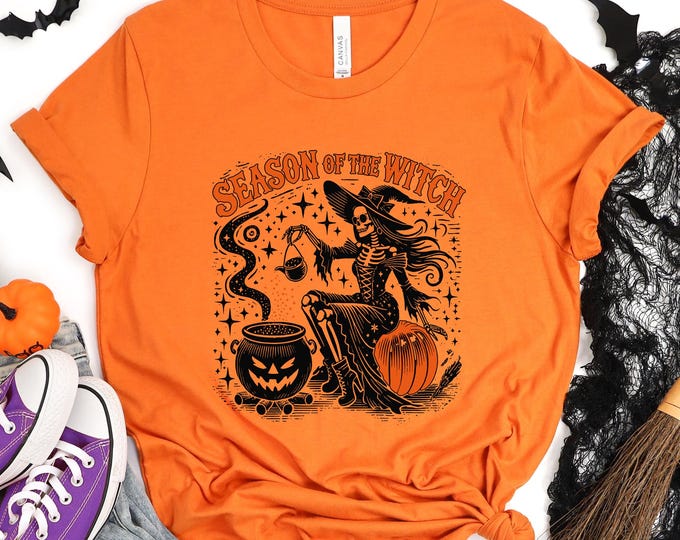 Season of the Witch Halloween Hoodie - Vintage Skeleton Witch with Pumpkin and Cauldron- Perfect for Spooky Season and Witchy Vibes, Season