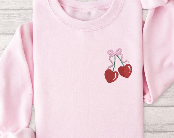 Embroidered Cherry Heart Sweatshirt, Cute Valentine's Day Gift for Her, Heart Cherry Pocket Shirt, Valentines Day Shirt, Embroidery Shirt