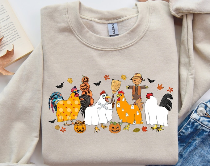Funny Chickens in Halloween Costumes Sweatshirt - Cozy Fall Sweater - Cute Farm Animal Tee - Chicken Lovers Gift - Spooky Season Casual Wear
