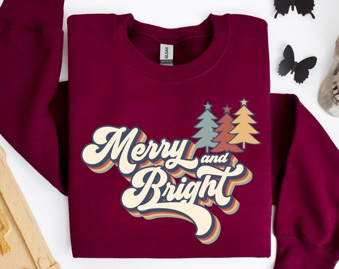 Retro Merry and Bright Christmas Sweatshirt - Vintage Style Holiday Tee - Cozy Christmas Tree Graphic Shirt for Festive Winter Season