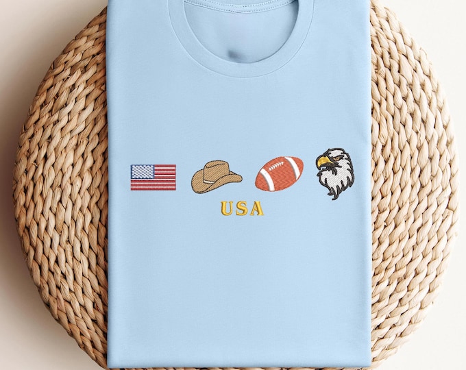 USA Embroidered Shirt, American Pride Tee, Western Cowboy Football Shirt, Patriotic Eagle Tee, 4th of July Shirt, Minimalist USA Graphic Tee