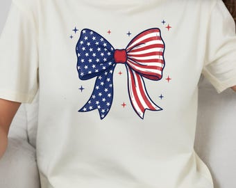 Patriotic Bow Shirt, 4th of July Tee, American Flag Bow T Shirt, Red White Blue Coquette Top, Independence Day Outfit
