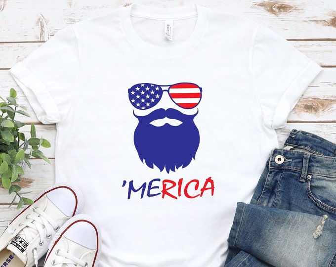 Merica Sunglasses Beard Shirt, Mens 4th of July T Shirt,Fourth of July Gift for Him,Funny America Shirt,Independence Day Gift,Red White Blue