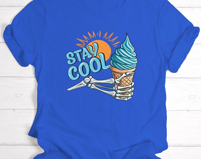 Stay Cool Skeleton Ice Cream Shirt Funny Summer Goth Tee Spooky Beach Vibes T-Shirt Halloween in July Ice Cream Lover Graphic Unisex Shirt