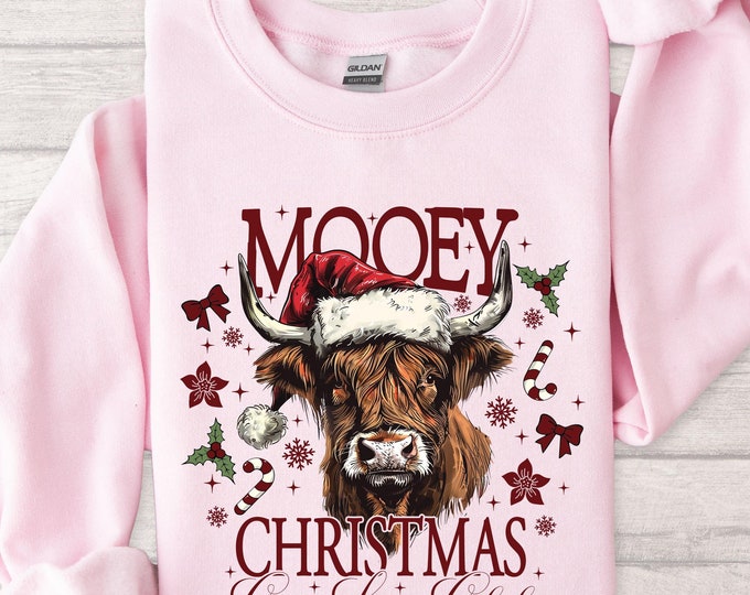 Mooey Christmas Cow Lover Sweatshirt, Cute Highland Cow in Santa Hat with Festive Sweatshirt, Perfect Holiday Sweatshirt, Christmas T-shirt
