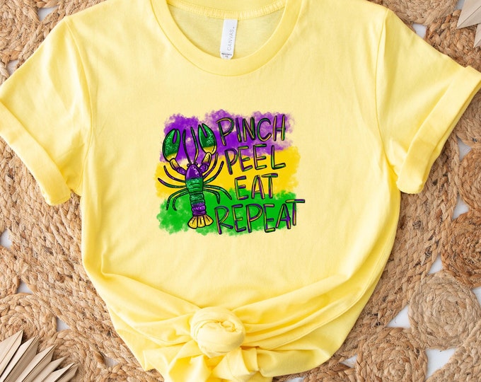 Pinch Peel Eat Repeat Sweatshirt, Mardi Gras Crawfish Design in Purple, Green, and Gold, Fun and Festive Louisiana Crawfish Boil Apparel