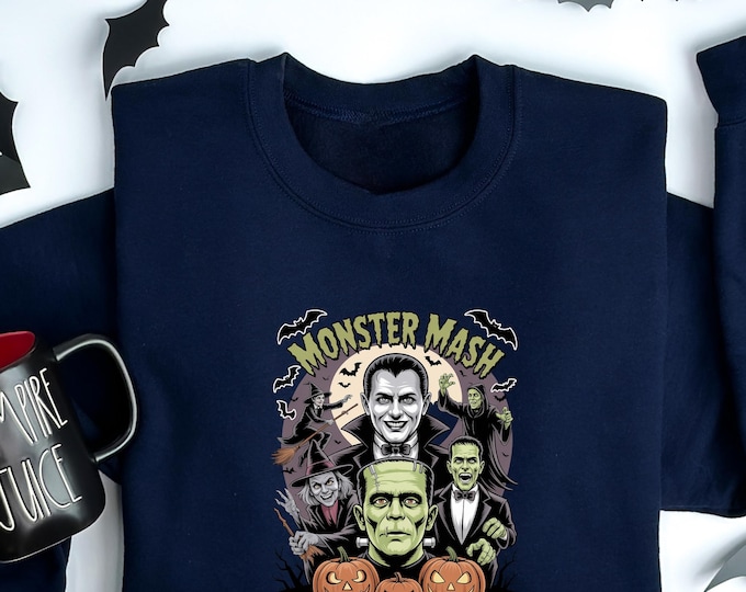 Monster Mash Halloween Sweatshirt, Retro Horror Movie Monsters Shirt, Vintage Spooky Crewneck, Dracula Frankenstein Costume Pullover