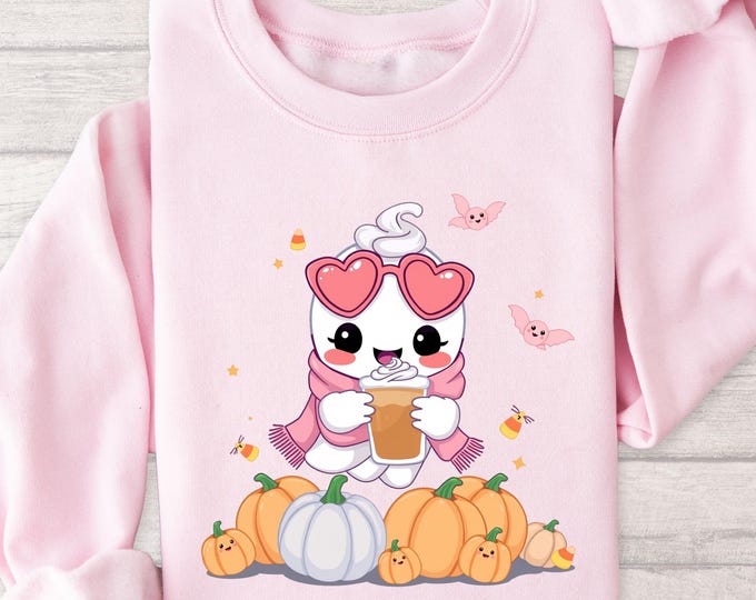 Cute Fall Halloween Shirt, Kawaii Ghost with Coffee and Pumpkins Tee, Pink Aesthetic Autumn Graphic Tee, Cozy Spooky Season Outfit for Women