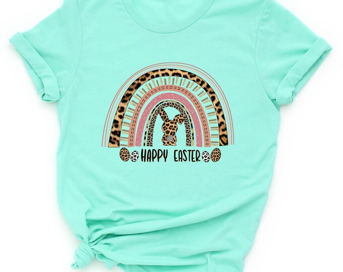 Leopard Rainbow Easter Shirt, Happy Easter Bunny Sweatshirt, Spring T-Shirt, Vintage Easter Outfit for Women, Cute Pastel Easter Gift Shirts