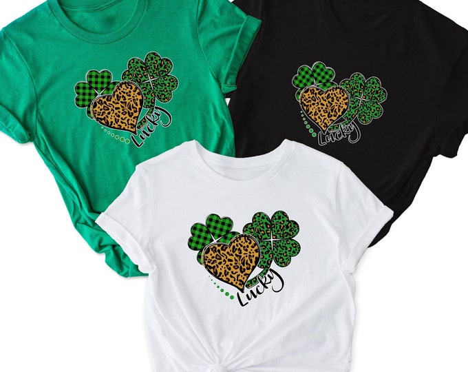 St. Patrick’s Day Lucky Shirt, Leopard Heart Shamrock Tee, Plaid Clover Irish Shirt, Cute Green St. Paddy’s Tee - Lucky Clover Graphic Shirt